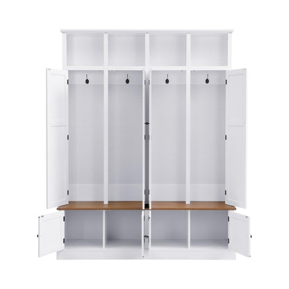Merax Farmhouse Hall Tree with Bench and Cabinet, 4-in-1 Entryway Storage Organizer with Rack, Shoe Storage and Hooks for Mudroom, Living Room, Bedroom, White