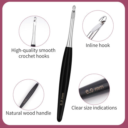 WAZAIGUR Wooden Handle Inline Ergonomic Crochet Hooks Set, 9 Sizes 3.5mm-8mm, Black Crochet Hooks for Arthritic Hands