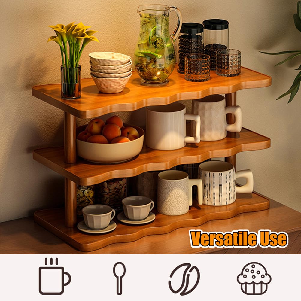 STEHEMO Wooden Mug Holder Countertop, Coffee Station Organizer, Counter Shelf for Tea Coffee Bar Accessories, Matcha Stand, Cup Display, Kitchen Condiment Storage Rack,3tier,19.69IN