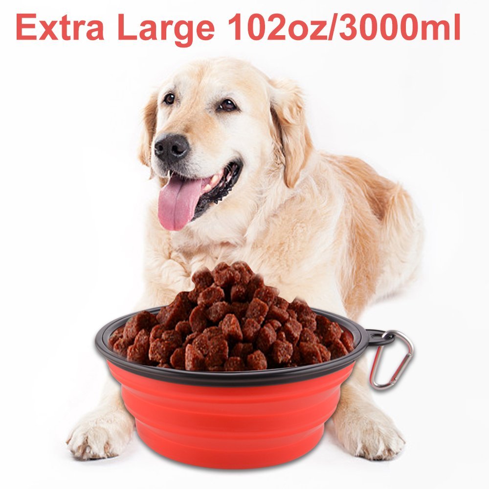 Extra Large Collapsible Dog Bowl, 3L XL Travel Dog Bowl, Foldable Travel Water Dish, 102oz X-Large Portable Collapsable Traveling Bowls with Carabiner for Dogs Walking, Hiking (Red)