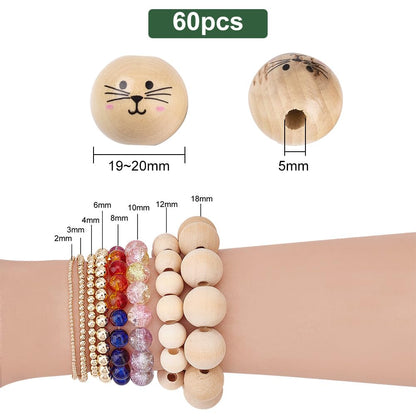 PH PandaHall 60pcs Cat Face Wooden Beads 18mm Painted Beads Farmhouse Wooden Beads Spacer Beads Loose Round Beads for DIY Crafts Home Party Hanging Decoration Festival Easter