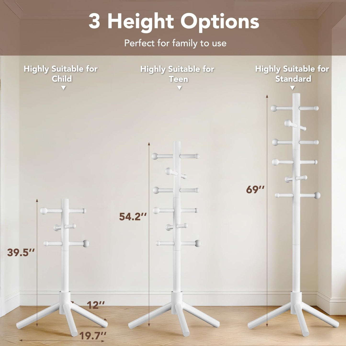 ACIPENSER Wooden Coat Rack Freestanding with 12 Hooks 3 Adjustable Heights，Standing Coat Rack Tree for Hat and Coat Rack for Small Spaces Entryway,Office,Bedroom,White