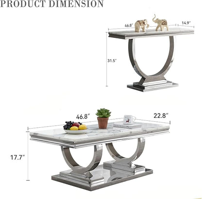 2 Piece Living Room Table Set Include 1 Faux Marble Coffee Table & 1 Console Table, Modern White Silver Coffee Table Set of 2 with Double O Shape Stainless Steel Pedestal Base