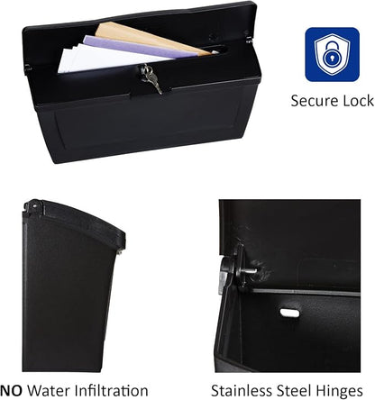 Small Plastic Mailbox with Lock & Keys for Porch, Easy to Install Wall Mount, Lightweight, Heavy Duty, Rustproof, Maintenance-Free Horizontal Mail Box for House - 15.5” x 4” x 6.25” (Black Locking)