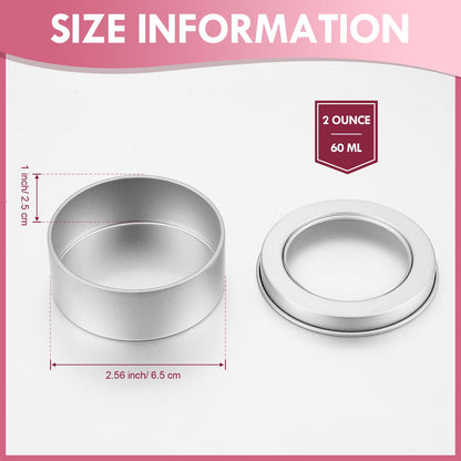 TecUnite 24 Pack 2 Ounce Metal Tin Cans Round Empty Container Salve Tins with Clear Lid for Kitchen, Office, Candles, Candies