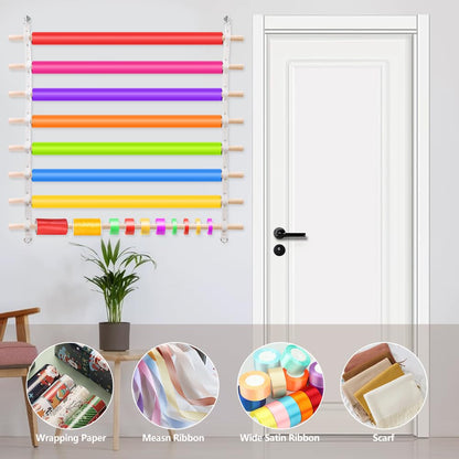 COZFUR Wooden Ribbon Holder Organizer Rack, 8 Tier Wall Mounted Gift Wrapping Holder, Ribbon Spool Dispenser for Craft Room, Flower Shop