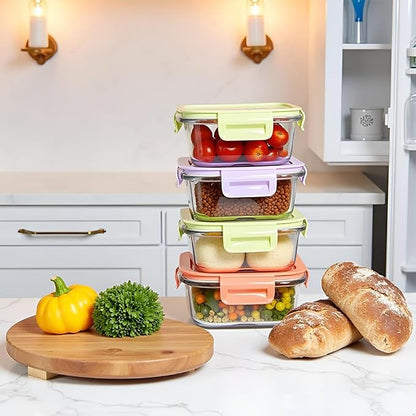 8 Pcs Square Glass Food Storage Container with Lids, 16OZ Square Glass Meal Prep Containers Set, 2 Cup glass Food Storage for Lunch Salad, Microwave, Oven, Freezer, Dishwasher Safe (4 Pack)