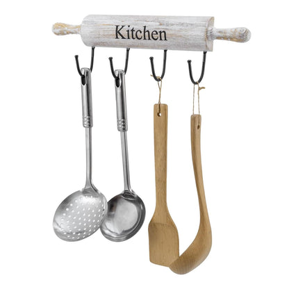 MyGift Wall Mounted Kitchen Utensil Rack, Rustic White Washed Wood Rolling Pin Cooking Tool Hanger with 4 Hooks for Aprons, Dish Towel, Mugs, Spoons