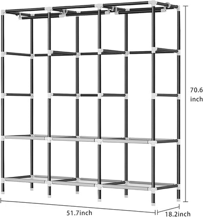 LOKEME Wardrobe Closet,Portable Closet for Bedroom Steel Pipe Diameter 19mm Strong and Sturdy Coffee Colored Portable Closets for Hanging Clothes with 3 Hanging rods, 6 Storage Shelves and Side Pocket