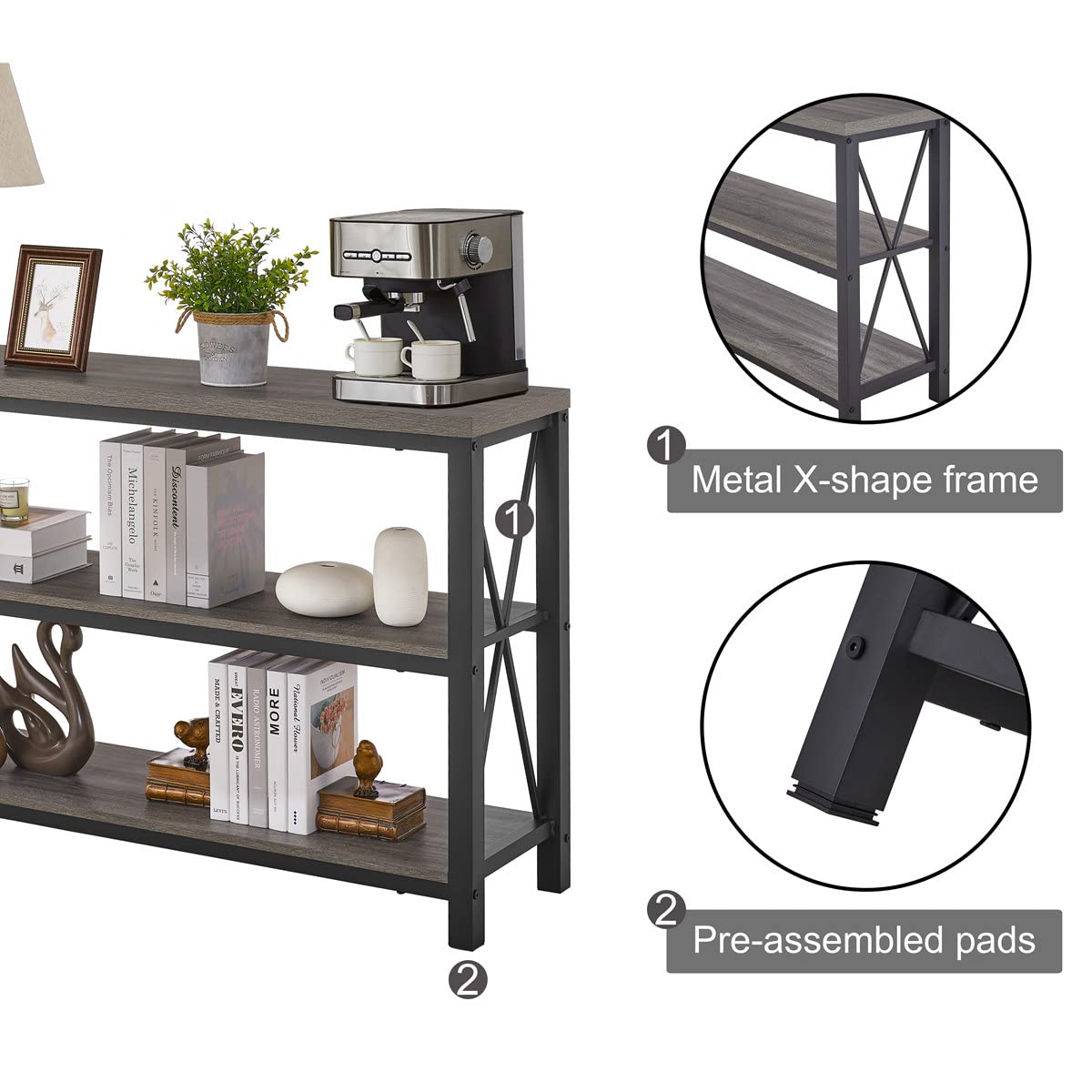 BON AUGURE Gray 3-Tier Console Table with Storage Shelves and Matching Entryway Bench for Hallway, Living Room or Foyer (Dark Grey Oak)
