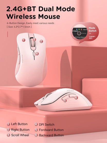 RAPIQUE Bluetooth Wireless Mouse - Dual Bluetooth & 2.4 GHz USB Receiver, Ergonomic Design, Quiet Clicks, Low Power - Multi-Device Compatibility for MacBook, Laptop, Computer, iPad Air/Pro (Pink)