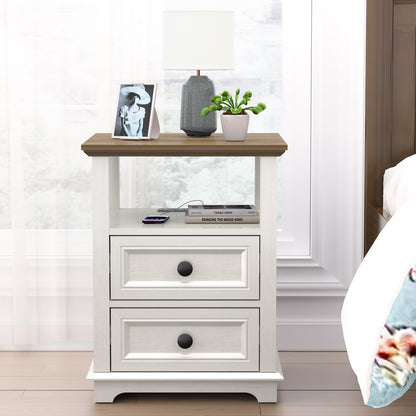 REDAYFUR End Table with Fast USB C Charging Station, 18" Wide Tall Sofa Side Table with 2 Drawers, Large Storage Rustic Wood Square Storage Cabinet for Living Room,Bedroom,Office, White