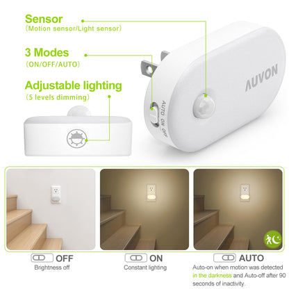 AUVON Night Light Plug in with Motion Sensor (120 Lumens), Dimmable Smart LED Night Lights, 1-120lm Brightness, for Bathroom, Hallway, Garage, Toilet (4 Pack)