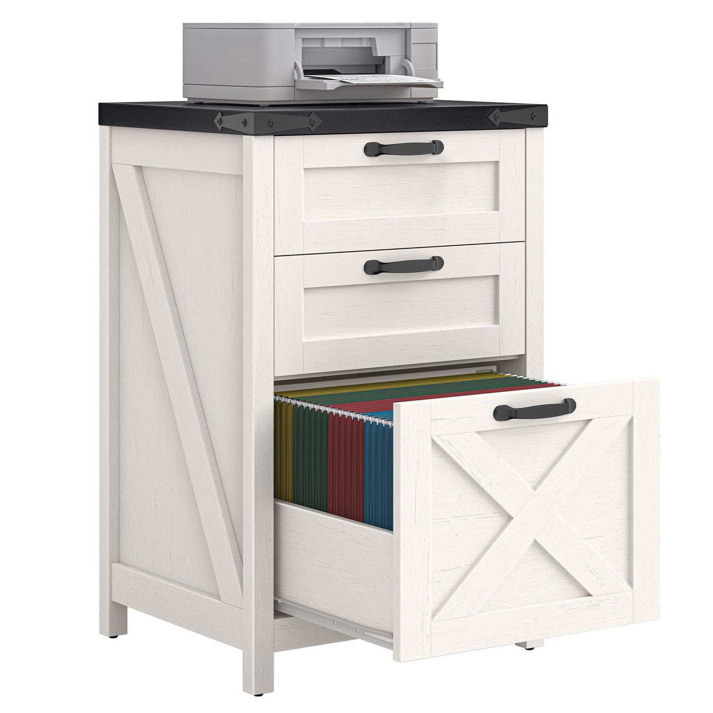 Halitaa 3 Drawer Small File Cabinet, Farmhouse Vertical Filing Cabinet Fits Letter and A4 Size, Under Desk Wooden File Cabinets for Home Office, Printer Stand, White and Black