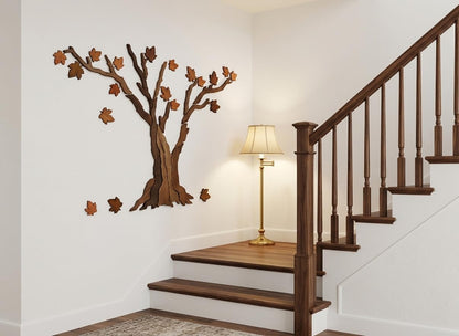 Handcrafted Wooden Maple Tree Wall Art - Large Rustic Tree Sculpture with Falling Leaves for Living Room, Above Sofa, Bedroom & Yoga Room, 59" x 39"