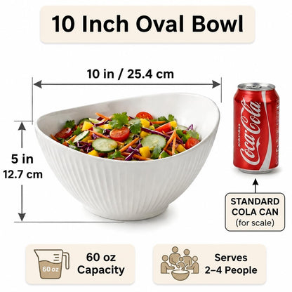 Hoilse 60oz Large Ceramic Salad Bowl with Acacia Wood Utensils, 10" Oval White Serving Bowl for Soup, Pasta, Fruit, Snacks – Mixing Bowls for Entertaining, Party, Kitchen, Dinner – Housewarming Gift