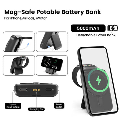 SUPERV 4 in 1 Wireless Charging Station: 5000mAh Removable Power Bank Foldable Charging Stand - Portable Magnetic Battery Pack for iPhone 17/16/15/14/13/12 Series and Apple Watch/AirPods (Black)