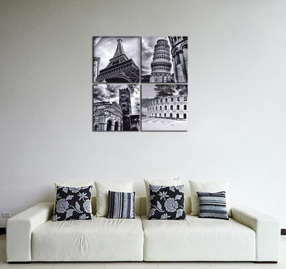Wieco Art Architectures Modern 4 Panels Giclee Canvas Prints Europe Buildings Black and White Landscape Pictures Paintings on Canvas Wall Art Ready to Hang for Bedroom Home Office Decorations