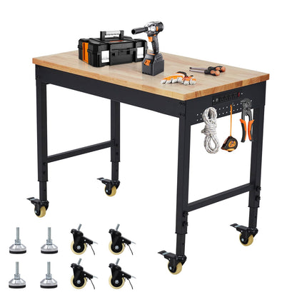 ACONEE 48" Adjustable Workbench, Heavy Duty Workstation 2000 LBS Load Capacity, Rubber Wood Top Workstation with 4 Rolling Casters, Power Outlets, Metal Frame, Wood Top Workbench for Workshop Garage