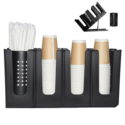 Cup Holder Lid Dispenser with Straw Organizer,4 Compartment 7 Adjusting,Disposable Paper Cup Storage Organizer for Breakroom Countertop Coffee Station Bar Restaurant Beverage Kitchen Coffee Truck