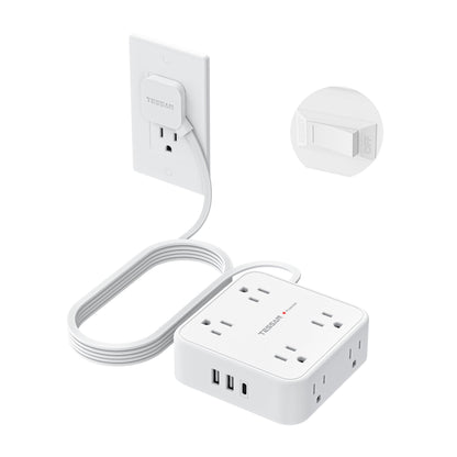 TESSAN Surge Protector Power Strip, 5 Ft Flat Plug Extension Cord with 3 USB (1 USB C) 8 Outlets, 900J Surge Protection, 3 Sided Outlet Extender with Power Switch for Office, Dorm Room Essentials
