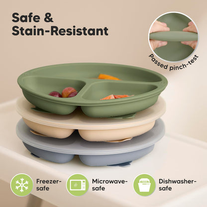 KeaBabies Suction Plates with Lids for Baby - 3-Pack 100% Silicone Toddler Plates with Suction, Divided, BPA-Free Baby Led Weaning Essentials for Kids, Dishwasher, Microwave Safe, Durable (Slate)