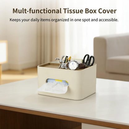 Leather Tissue Box Cover, Tissue Holder with Organizer Compartments, Decorative Desk Remote Holder, Table Storage Caddy for Remote, Glasses, Watch