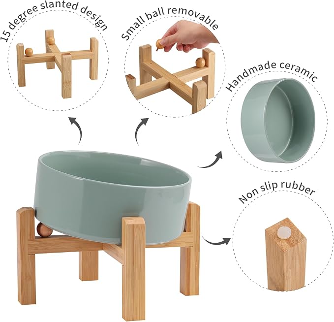 Elevated/Raised 15°Tilted Anti Slip Ceramic Dog Bowl for Small/Medium Breeds,Slanted Bulldog Big Face Pet Food Water Feeding Dish with Stand for Cats and Dogs (3.6 Cups/28 OZ) Light Green