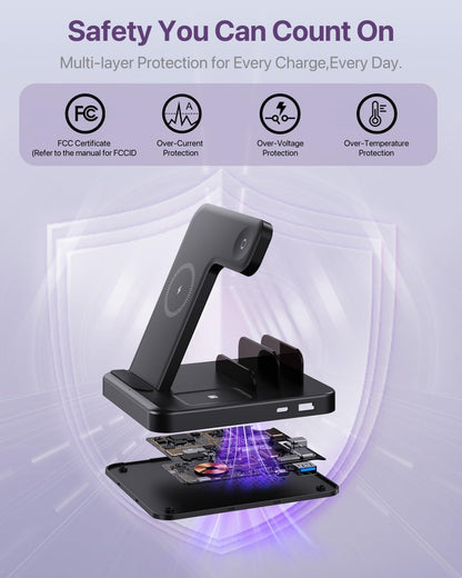 Caxdon Multiple Devices Charging Station, 5-in-1 Charging Station for iPhone 17 Pro Max/Pro/16/15/14/13/12, iPad Pro/Air/Mini, Apple Watch and Airpods,Wireless Charging Dock(G805) (Black)