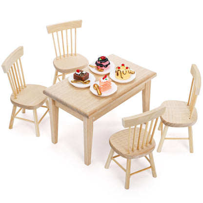 Nicunom Dollhouse Dining Room Furniture Set, 1/12 Scale Miniature Table and 4 Chairs, Wooden Doll House Accessories