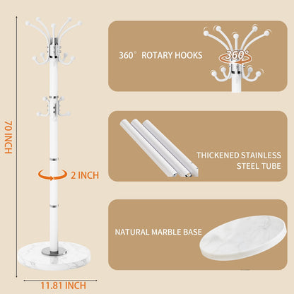 LOZABEE Metal Heavy Duty Coat Rack Stand, Modern 360° Roraty Freestanding Coat Rack with Natural Marble Base, White Coat Racks Hall Tree Hanger Stand with 16 Hooks for Entryway, Office