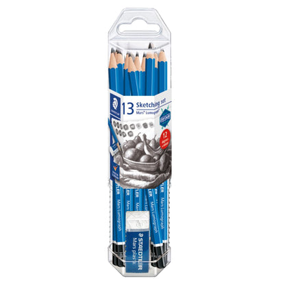 Staedtler Mars Lumograph Graphite Artist Pencil Pack, 12 Degrees (8B, 7B, 6B, 5B, 4B, 3B, 2B, B, HB, F, H, 2H), Mars Plastic Eraser, 61 100 P