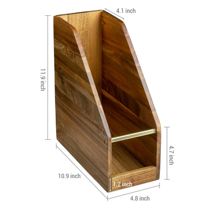 MyGift Premium Hotel Series Solid Acacia Wood Desktop Magazine File Holder Bin with Brass Tone Metal Accent, Vertical Office Desk Document Folder Binder Storage Organizer Rack