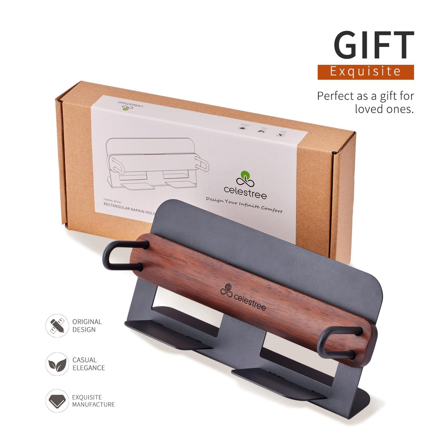 Celestree Napkin Holder for Table - Guest Towel Holder Tray for Bathroom Rectangular Wood and Iron Tray with Weighted Arm, Windproof Organizer for Kitchen Dining Table