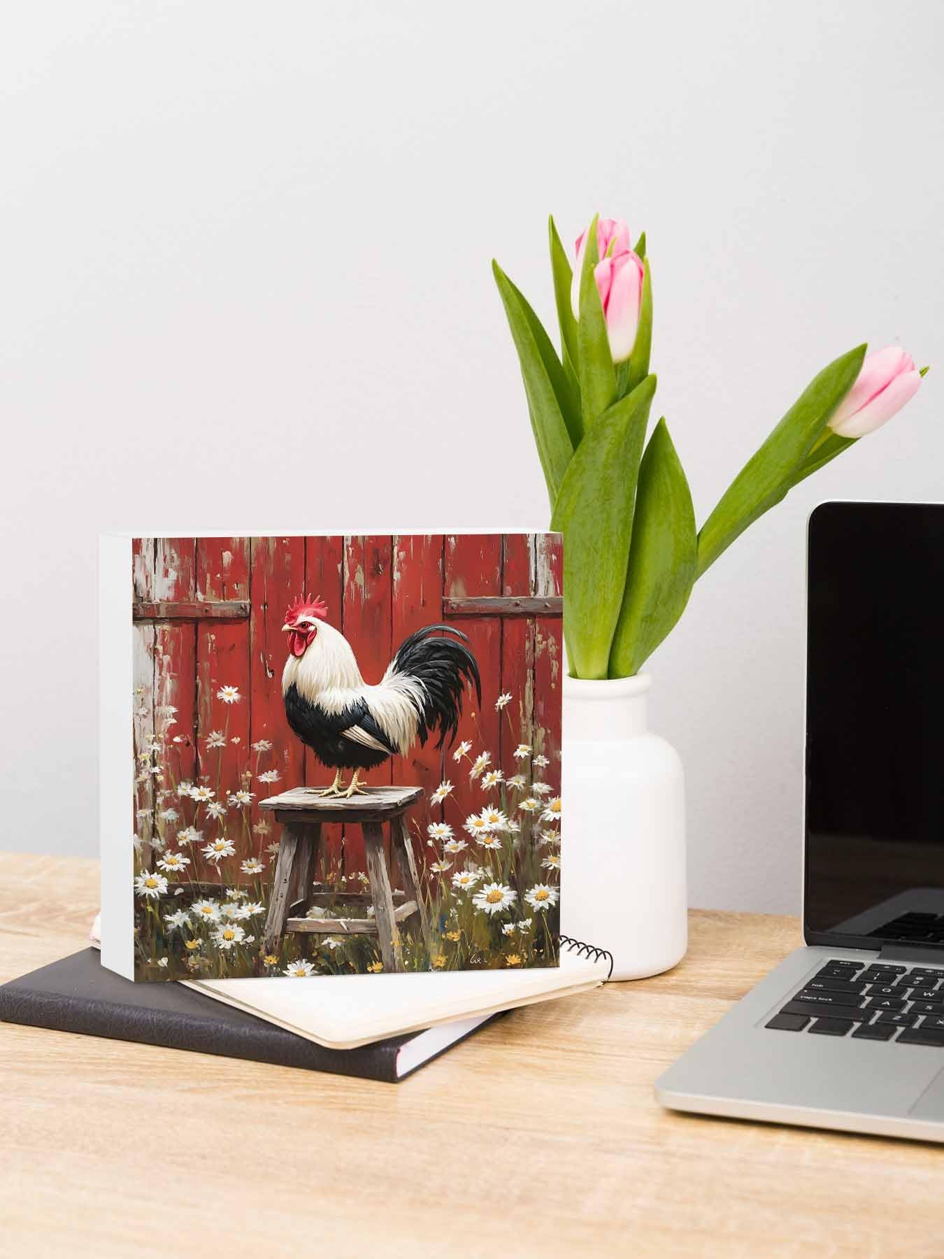 Wood Box Sign Desk Decor, Rustic Farmhouse Rustic Red Barn Rooster Wildflowers Decorative Wooden Block Box Sign Decorations for Home Office Shelf Table Decor 6x6 Inches