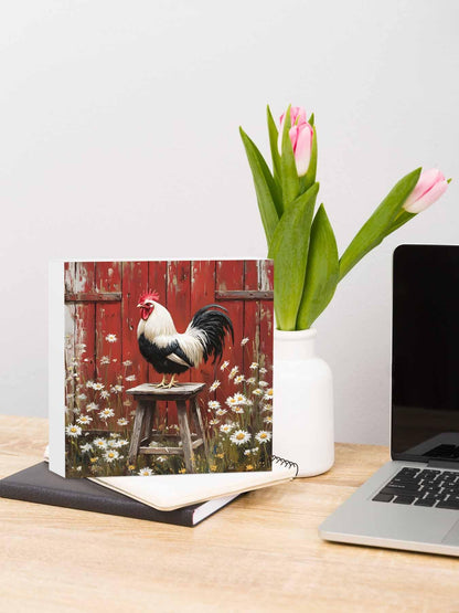 Wood Box Sign Desk Decor, Rustic Farmhouse Rustic Red Barn Rooster Wildflowers Decorative Wooden Block Box Sign Decorations for Home Office Shelf Table Decor 6x6 Inches