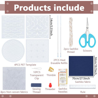 WEBEEDY 4 Sets Sashiko Starter Coaster Kit for Beginners, Japanese DIY Tea Mat Sewing Kit with Sashiko PET Templates, Needles, Thread for Table Cup Mat Embroidery Christmas Craft Decor Gift