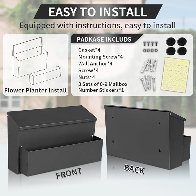 Ydocabinit Wall Mount Mailbox, Large Capacity for House, Outside, with 3 Sets of 0-9 Number Stickers & Flower Planter, Galvanized Steel Rust-Proof Metal Post Drop Box, 15.74"×9.84"×6.41" Black