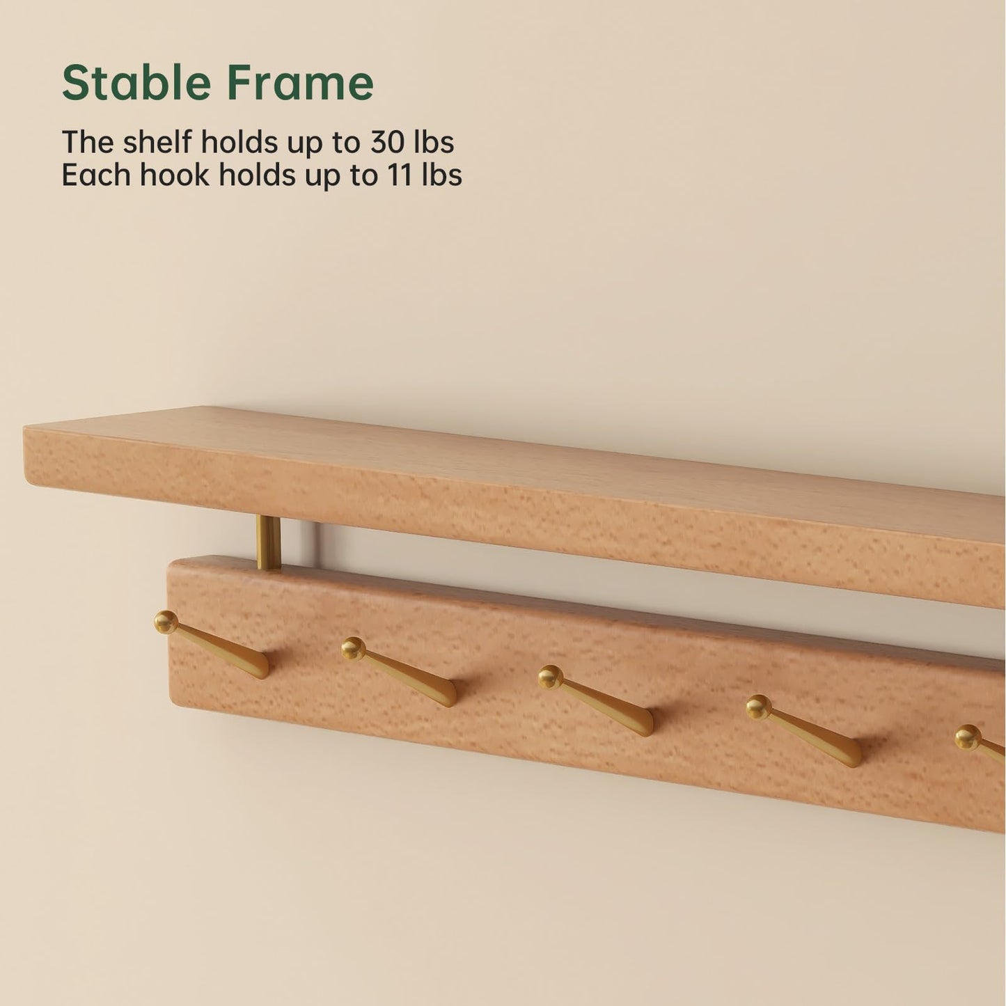 Wayshome Solid Wood Wall Hooks with Shelf, Coat Rack Wall Mount, Entryway Hanging Shelf with 9 Brass Hooks for Hats, Clothes, Towels, Bags, Beech Wood, Natural