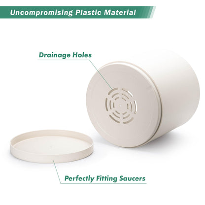 D'vine Dev 14 Inch Plastic Planter Pots for Plant Pot with Drainage Hole and Seamless Saucers, Oatmeal, 74-X-H-4