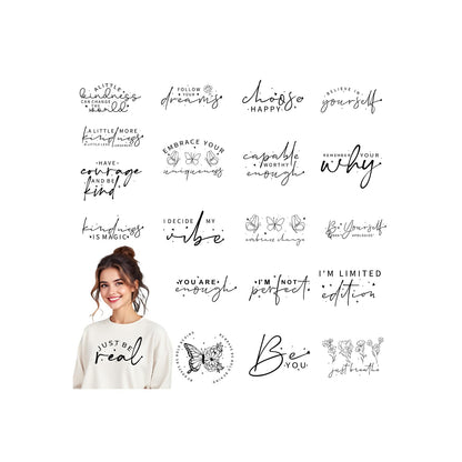 Motivational DTF Transfers Ready to Press - 20 Sheets Positive Quotes Iron on Transfers for T-Shirt Inspirational Iron on Decals Patches DIY Heat Vinyl Stickers for Clothing Pillow Hat Hoodie Bagpack