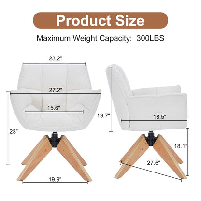 Modern Lambs Wool Accent Chair with Armrest, Sherpa Vanity Desk Chair No Wheels, Mid Century Comfy Upholstered Armchair with Wood Legs for Living Room, Bedroom, Makeup Room, Off-White