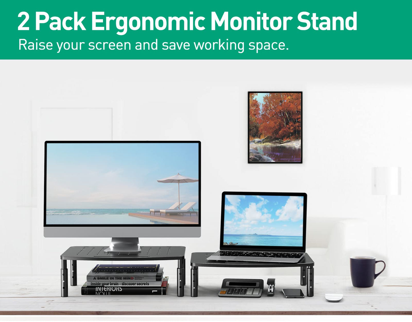 Zimilar 3 Height Adjustable Monitor Stand for 2 Monitors +2 Tiers Laptop Computer Monitor Riser for PC Screen, iMac, Desktop Wooden Screen Monitor Stand Riser with Storage