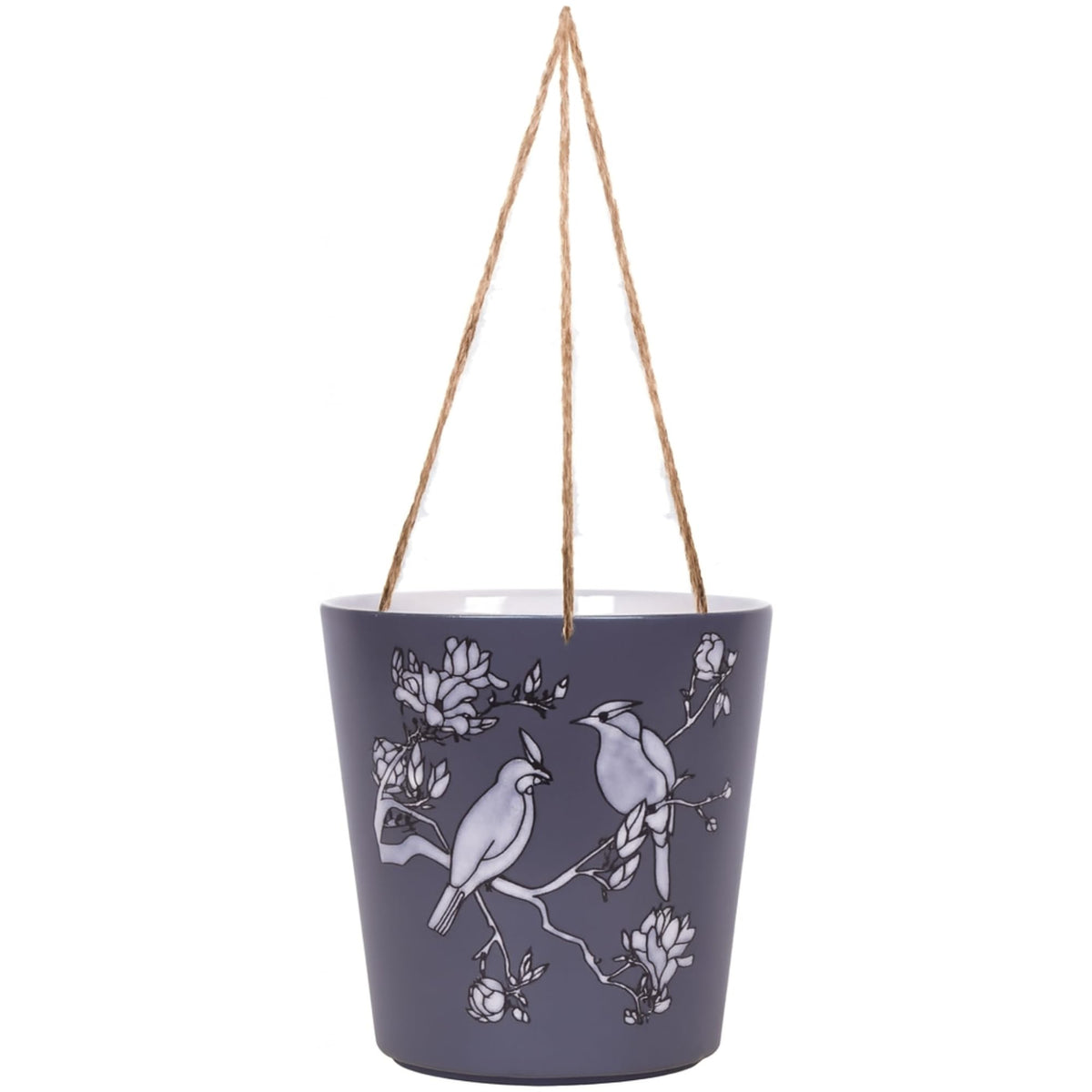 Blue Sky Clayworks 6.5" Hanging Bird Blue Planter, Ceramic, 7" x 6" x 5", Slate Night, Perching Pair & Blooms