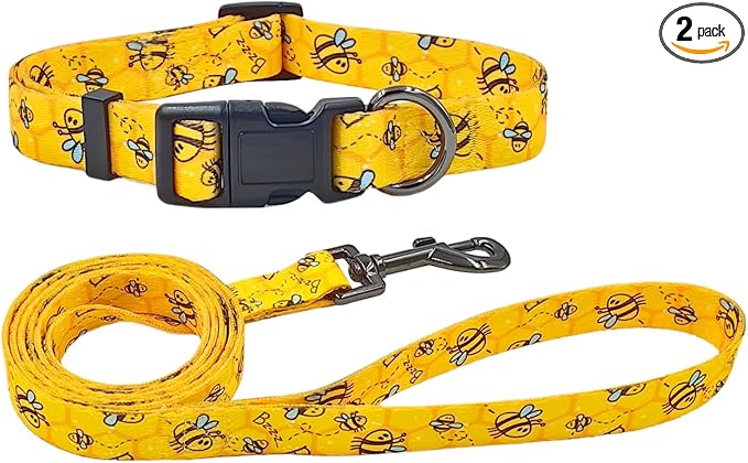 Dog Collar Leash Set, Busy Bee Pattern, 5ft Matching Leash, Polyester Material, 4 for Small Medium Large Dogs.(S, Bee)