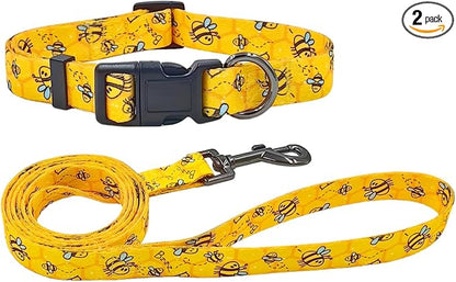 Dog Collar Leash Set, Busy Bee Pattern, 5ft Matching Leash, Polyester Material, 4 for Small Medium Large Dogs.(S, Bee)