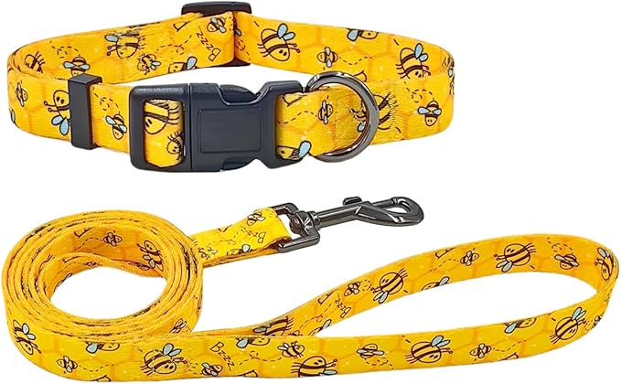 Dog Collar Leash Set, Busy Bee Pattern, 5ft Matching Leash, Polyester Material, 4 for Small Medium Large Dogs.(M, Bee)