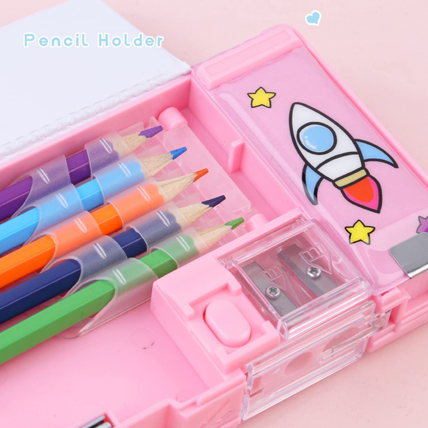 LilyBeauty Pop Up Multifunction Pencil Case for Girls and Boys, Cute Cartoon Pen Box Organizer Stationery with Sharpener, Schedule, School Supplies, Best Birthday Gifts for Kids【Pink-Bear】