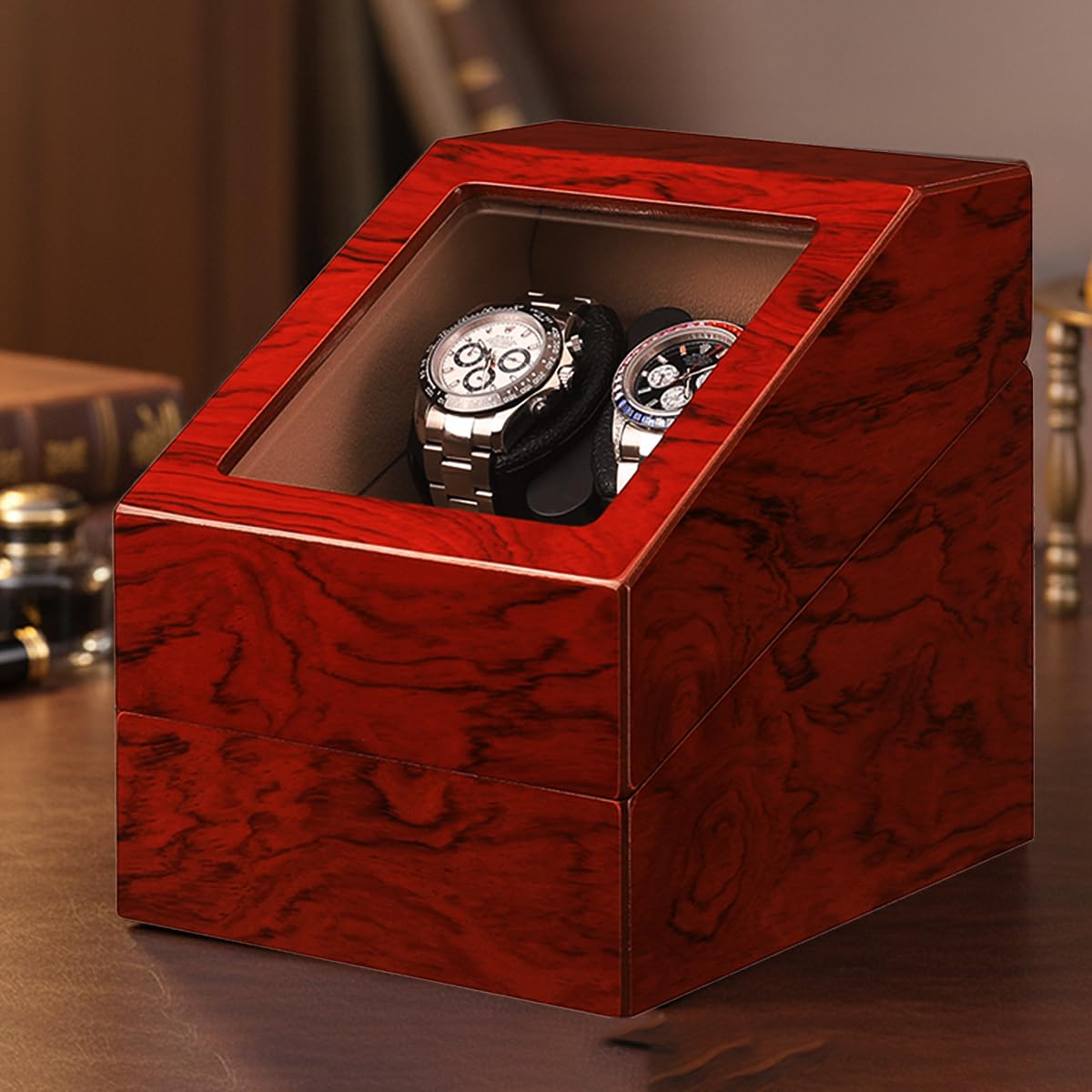 Mineesi Watch Winder Box for Automatic Watches, 2-Watch Winder with Quiet Motor, Handcrafted Piano-Finish Wooden Watch Winder Spinner Box with 2 Storage Case for Men's & Women's Watches (Tawny Brown)