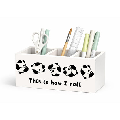 GGED Wooden Desk Organizer with Panda Design, 3 Compartment Pen Pencil Holder, Decorative Office Supply Storage Box for Home, Office, Desk Table, Gift for Friends and Coworkers
